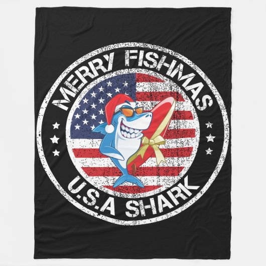 Couverture Polaire Merry Fishmas USA Drapeau Grand requin blanc (Devant)