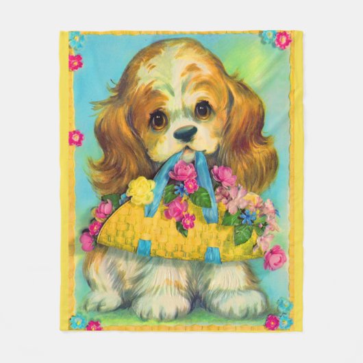 Couverture Polaire mignon chiot tenant panier de fleurs (Devant)