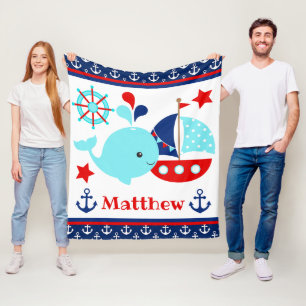Couverture Polaire Mignon motif baleine bleue et ancres nautiques