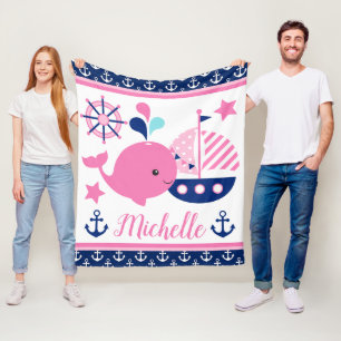 Couverture Polaire Mignon motif baleine rose et ancres nautiques