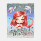 Couverture Polaire Mignonne Fille "Sirène Sous La Mer" Cheveux Rouge (Devant)