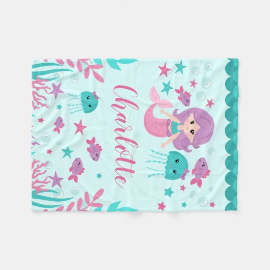Couverture Polaire Mignonne sirène fille personnalisée (Devant (Horizontal))