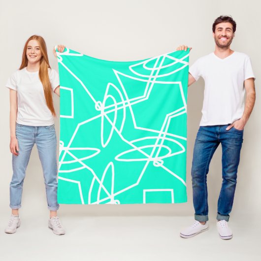 Couverture Polaire Minimalisme Abstrait Blanc Lignes Turquoise Blanch (En situation)