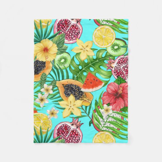 Couverture Polaire Mix-fruit tropical, fleurs et feuilles en bleu (Devant)