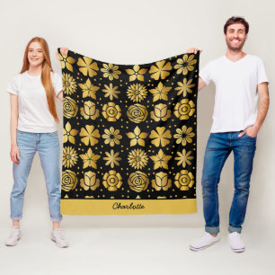 Couverture Polaire Modèle floral doré doodle rose nom personnalisé