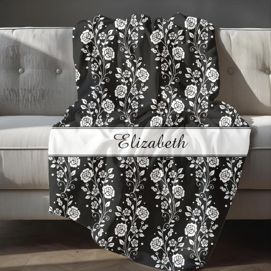 Couverture Polaire Modèle floral noir et blanc romantique Nom Imprime