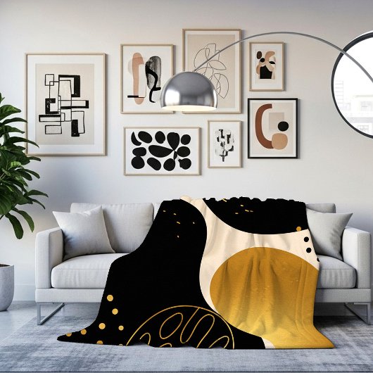 Couverture Polaire Modern Abstract Black and Gold Organic Pattern