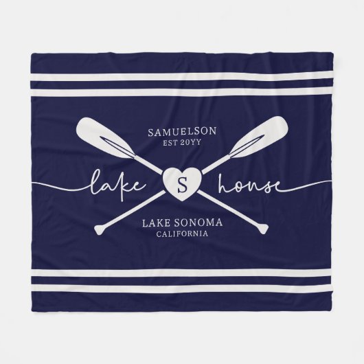 Couverture Polaire Modern Lake House Nom personnalisé Script | bleu m (Devant (Horizontal))