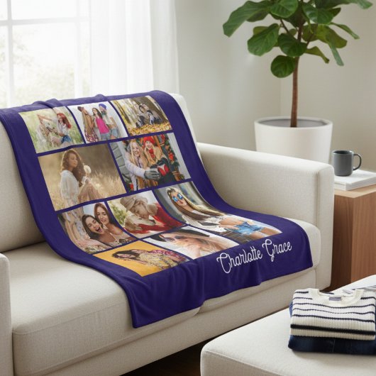 Couverture Polaire Modern Minimalist Blue 10 Photo Collage With Name