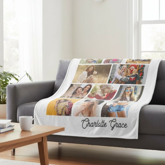 Couverture Polaire Modern Minimalist White 10 Photo Collage With Name