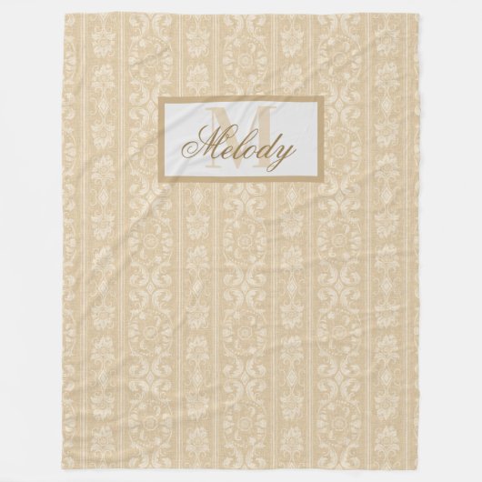 Couverture Polaire Moderne Beige et crème Floral Damask Monogramme (Devant)