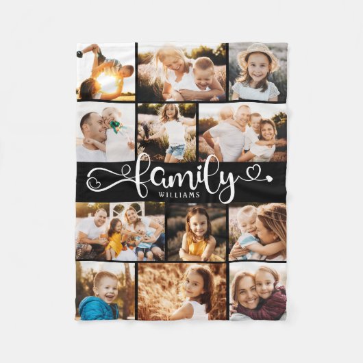 Couverture Polaire Moderne Family Script Hearts Photo Collage Chic (Devant)