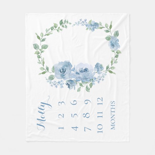 Couverture Polaire Mois bébé bleu Floral Monogramme (Devant)