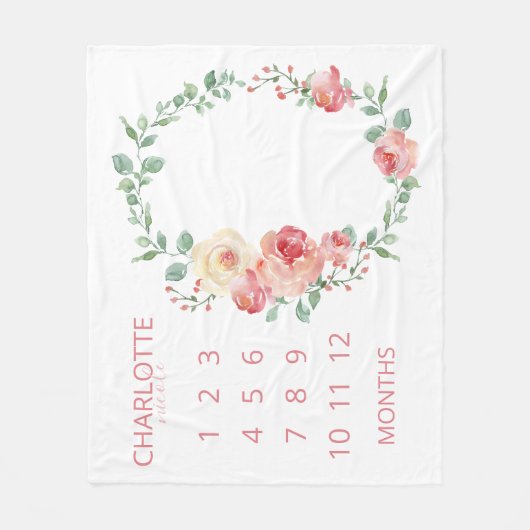 Couverture Polaire Mois Bébé rose pâle Floral Monogramme (Devant)