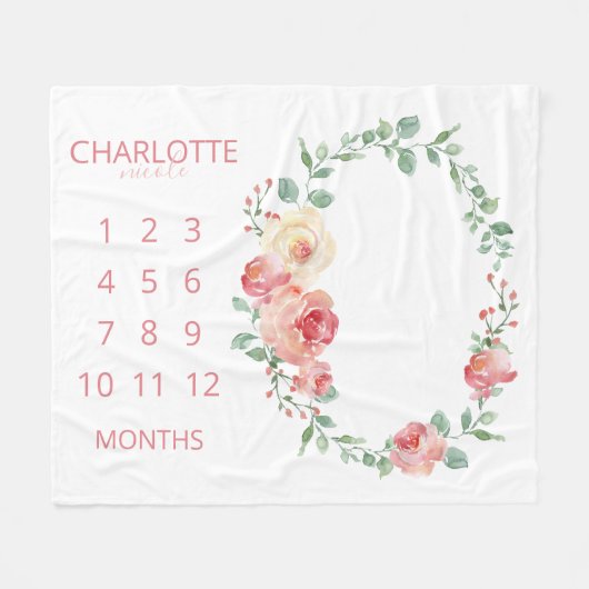 Couverture Polaire Mois de bébé Blush Rose Floral Monogrammé (Devant (Horizontal))