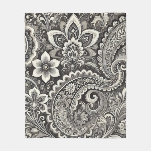 Couverture Polaire Monochrome Floral Paisley Noir & Blanc (Devant)