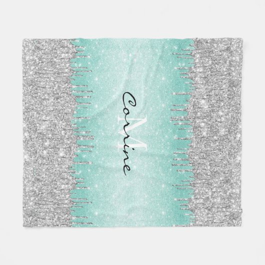 Couverture Polaire Monogram Aqua Blue Ombre Parties scintillant Silve (Devant (Horizontal))