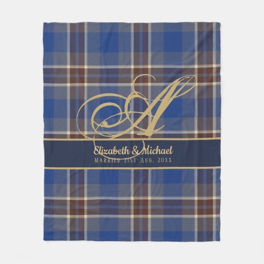 Couverture Polaire monogram Blue Tartan Plaid Newlyweds Wedding (Devant)
