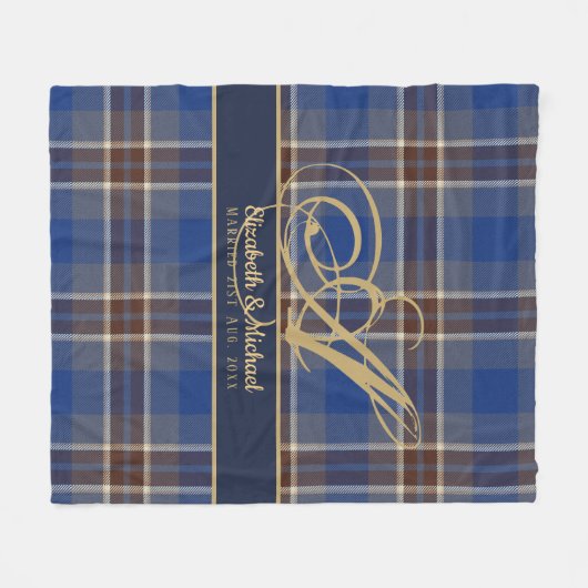 Couverture Polaire monogram Blue Tartan Plaid Newlyweds Wedding (Devant (Horizontal))