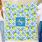 Couverture Polaire Monogram Name Blue French Tile Lemon Pattern 