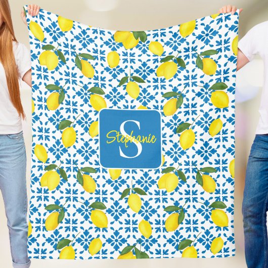Couverture Polaire Monogram Name Blue French Tile Lemon Pattern 