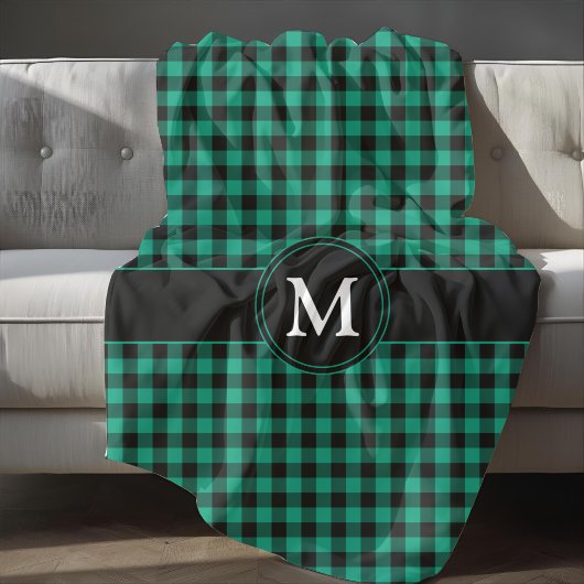 Couverture Polaire Monogramme à carreaux écossais vert rustique