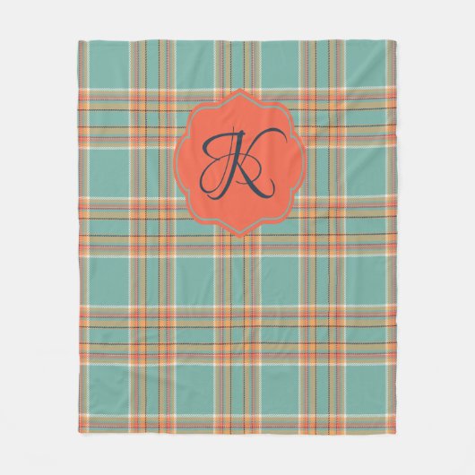 Couverture Polaire Monogramme à couche Turquoise et orange Tartan (Devant)