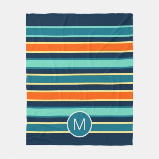 Couverture Polaire Monogramme à rayures couleur bleu orange rétro (Devant)