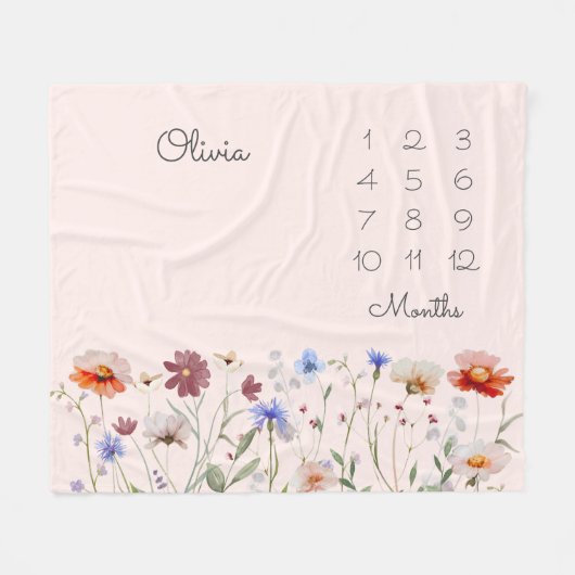Couverture Polaire Monogramme Aquarelle Fleur sauvage Milestone Baby (Devant (Horizontal))