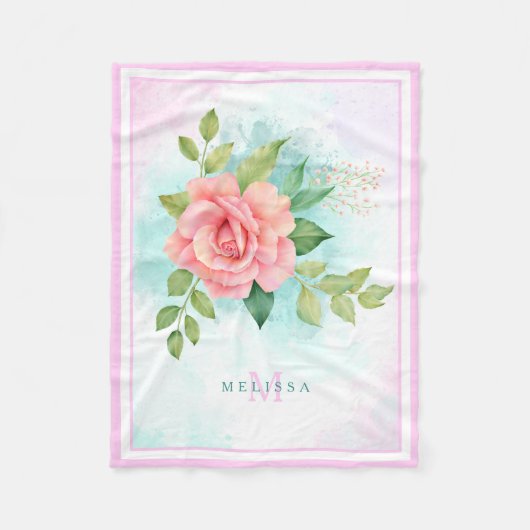 Couverture Polaire Monogramme Aquarelle Turquoise Ombre Rose rose (Devant)
