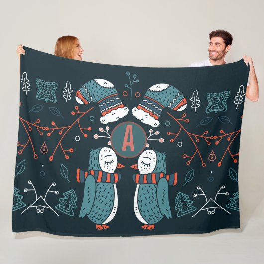 Couverture Polaire Monogramme Art folklorique Noël Chouettes bleues A (En situation)