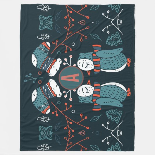 Couverture Polaire Monogramme Art folklorique Noël Chouettes bleues A (Devant)