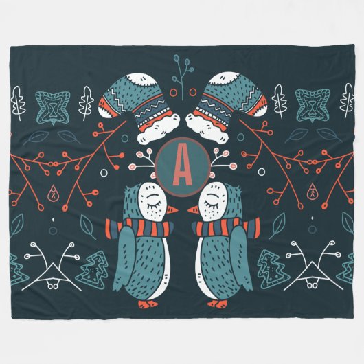 Couverture Polaire Monogramme Art folklorique Noël Chouettes bleues A (Devant (Horizontal))