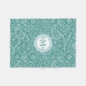 Couverture Polaire Monogramme blanc et bleu-vert rétro Paisley (Devant (Horizontal))
