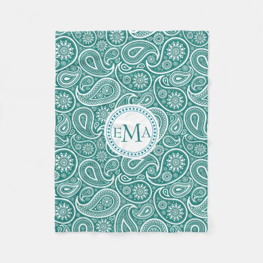 Couverture Polaire Monogramme blanc et bleu-vert rétro Paisley (Devant)