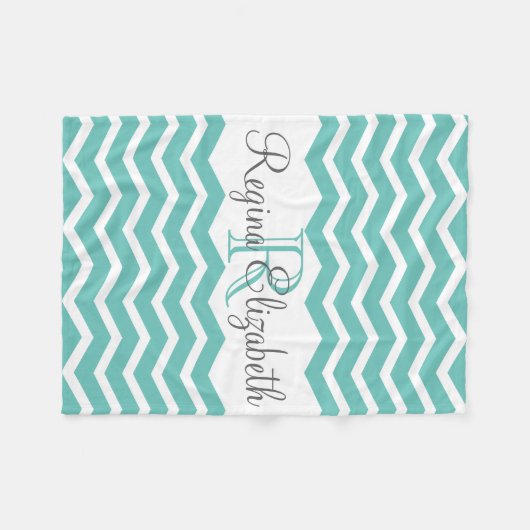 Couverture Polaire Monogramme blanc Turquoise Nom Keepsaké Chevron (Devant (Horizontal))