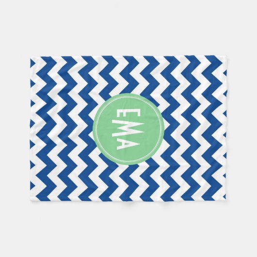 Couverture Polaire Monogramme bleu et blanc Chevron Motif géométrique (Devant (Horizontal))