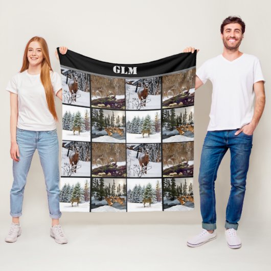 Couverture Polaire Monogramme Chasseurs de collage de cerfs Blanche e (En situation)