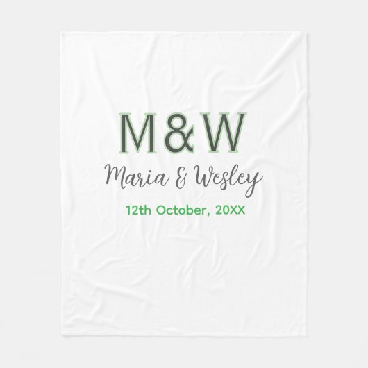 Couverture Polaire Monogramme couple gris vert moderne date romantiqu (Devant)
