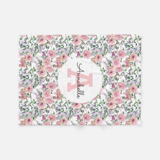 Couverture Polaire Monogramme d'aquarelle florale rose-rose moderne (Devant (Horizontal))