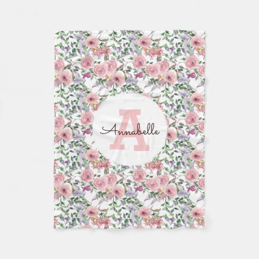 Couverture Polaire Monogramme d'aquarelle florale rose-rose moderne (Devant)