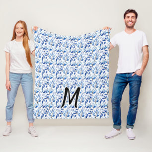 Couverture Polaire Monogramme d'art fin en mosaïque de feuilles bleue