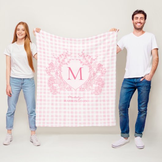 Couverture Polaire Monogramme de crête florale rose En vichy (En situation)