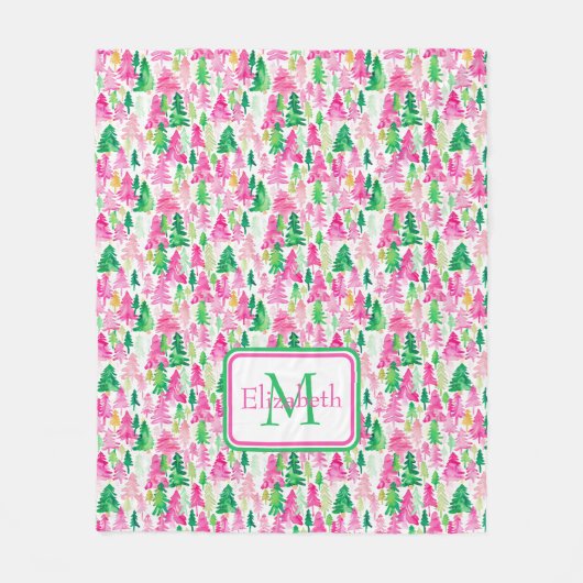 Couverture Polaire Monogramme de Noël rose et vert de Preppy (Devant)