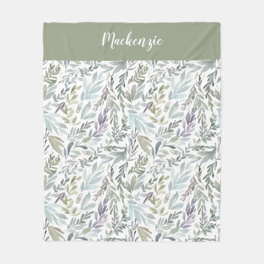 Couverture Polaire Monogramme de nom à l'aquarelle botanique bleu ver (Devant)