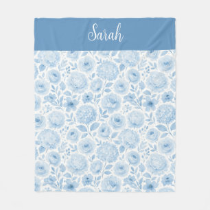 Couverture Polaire Monogramme de nom floral aquarelle bleu blanc