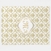Couverture Polaire Monogramme Elégant Blanc & Or Floral Damas (Devant (Horizontal))