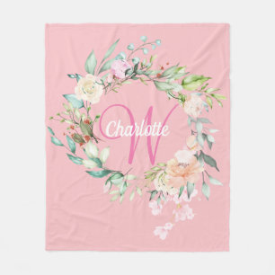Couverture Polaire Monogramme élégant de roses d'été rose Script Init