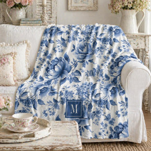 Couverture Polaire Monogramme Élégant Motif Floral Bleu Vintage