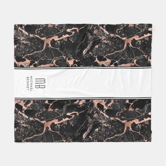 Couverture Polaire Monogramme Elegant Rose Gold Marbre Noir (Devant (Horizontal))